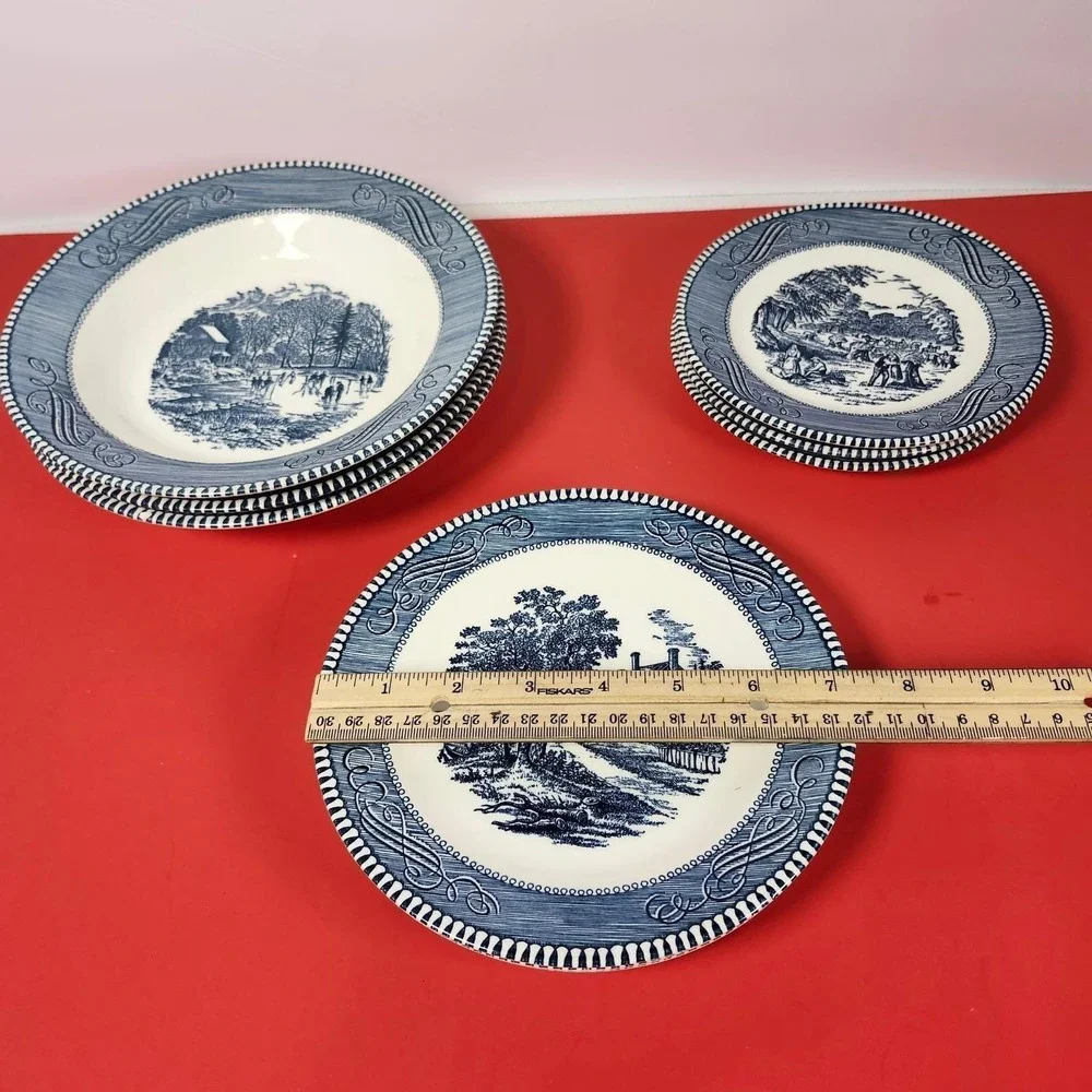 Royal‎ China Currier and Ives Blue White Plates Soup Bowls 12pcs Set Made in USA
